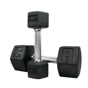 TKO 5-50lb Tri-Grip Rubber Hex Set with 3-Tier Rail Rack