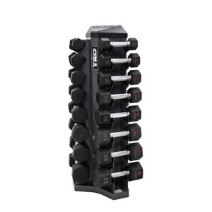 TKO 8-Pair Tri-Grip Urethane Hex Dumbbell Set with Rack